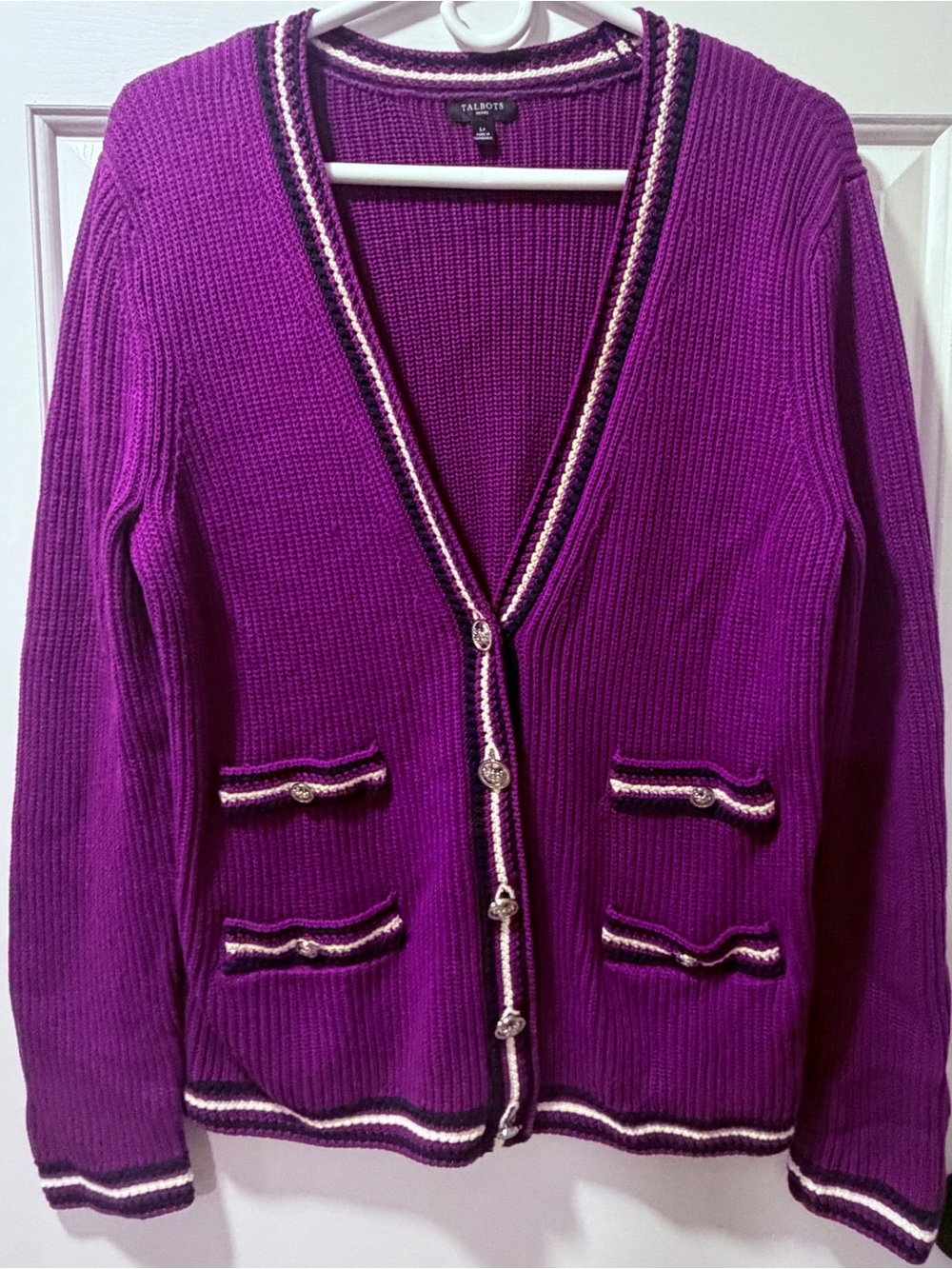 Talbots Purple V-Neck Ribbed Cardigan with Trim - Size Petite Large